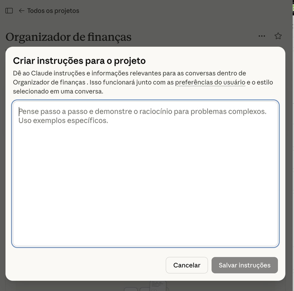 Aba do Claude para personalizar IA é chamada de "Projetos" — Foto: Reprodução/Claude