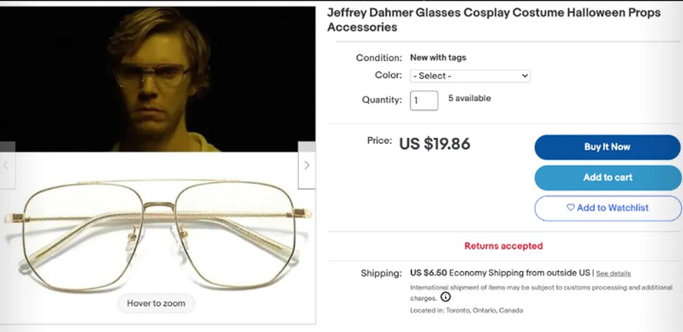 Óculos tipo os de Dahmer à venda no eBay — Foto: Reprodução