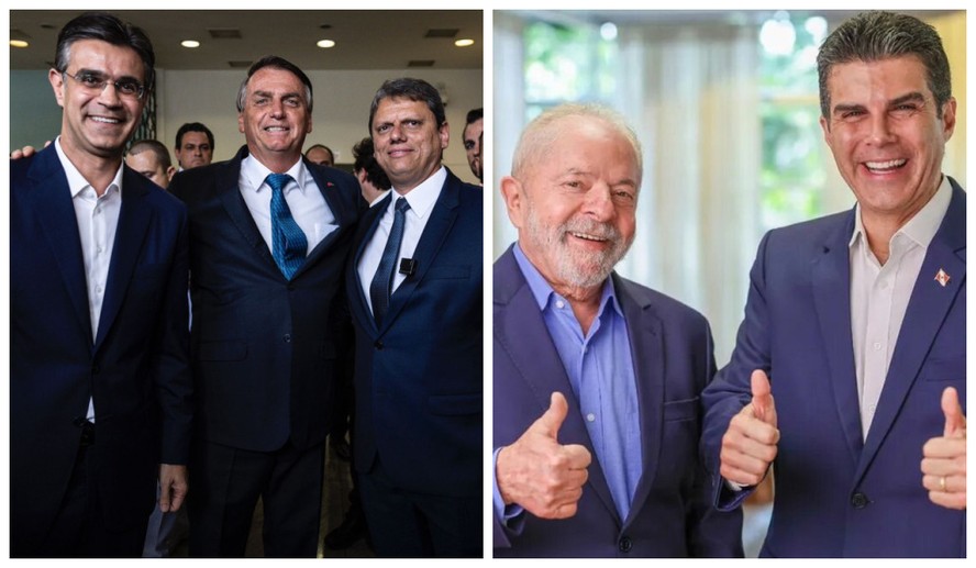 À esquerda, Garcia em ato de apoio a Bolsonaro e Tarcísio em SP. À direita, Lula com Helder Barbalho, governador do Pará