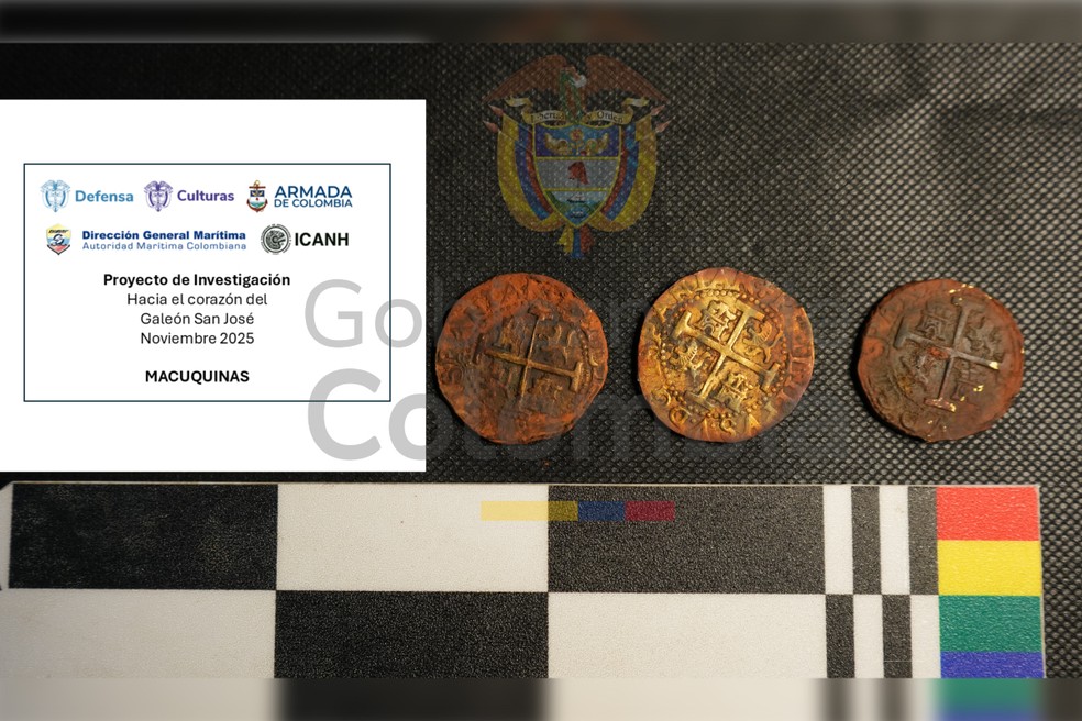 Moedas encontradas no galeão San José — Foto: Reprodução/Governo da Colômbia