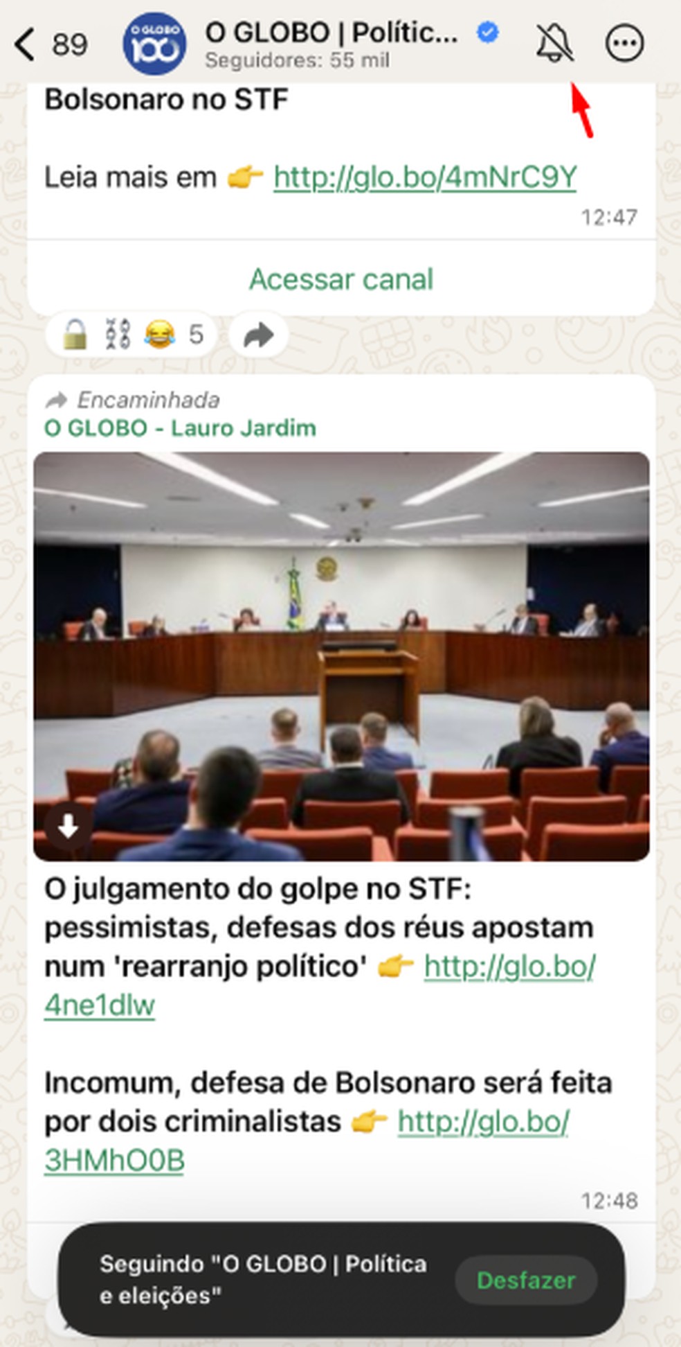 Ativar o sininho para receber notificações — Foto: Reprodução