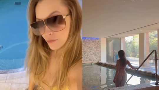 De biquíni dourado, Carla Diaz mostra banho em piscina salgada de hotel na Toscana com diárias de até R$ 6 mil