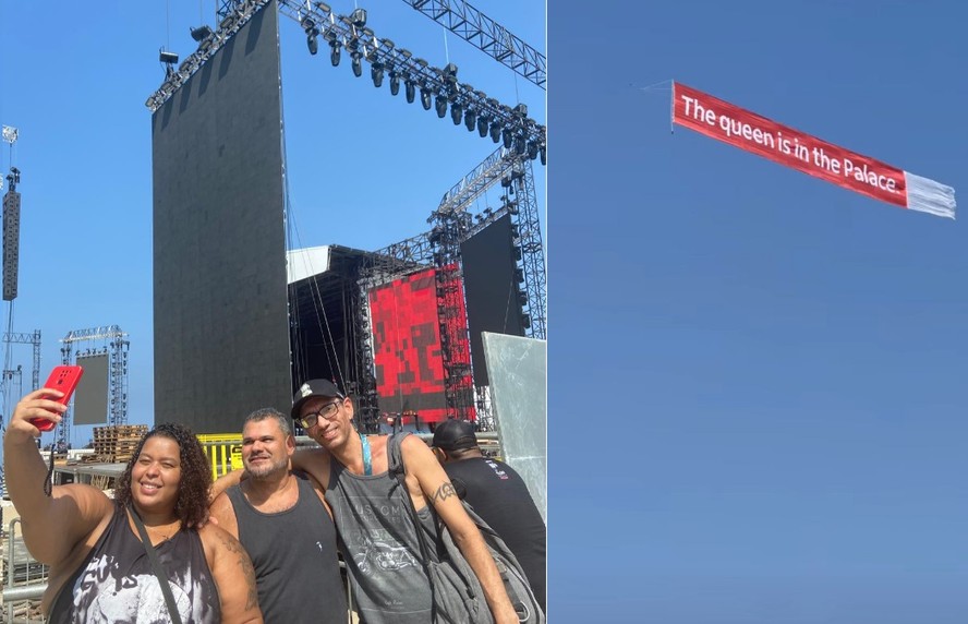 Fãs de Madonna 'tietam' palco onde Madonna se apresentará; no céu, faixa anuncia chegada da cantora ao Copacabana Palace