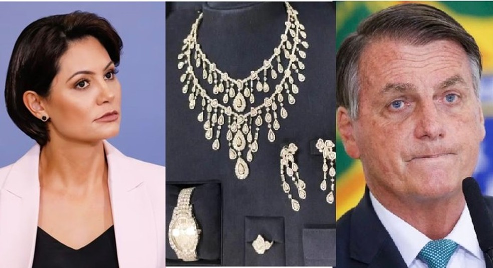 Michelle Bolsonaro, joias de diamantes enviadas pelo regime saudita e Jair Bolsonaro    — Foto: Divulgação e reprodução redes sociais 