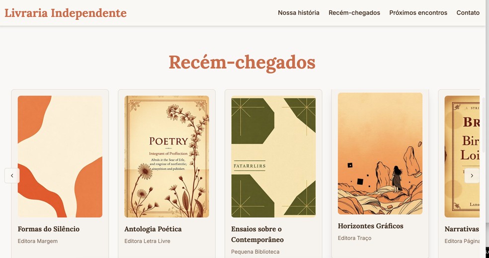 Espaço de rolagem de livros em site fictício de livraria criado com IA — Foto: Reprodução/O GLOBO