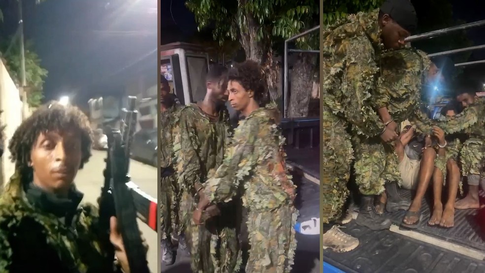 Os homens presos usando fardas camufladas com folhagens — Foto: Reprodução
