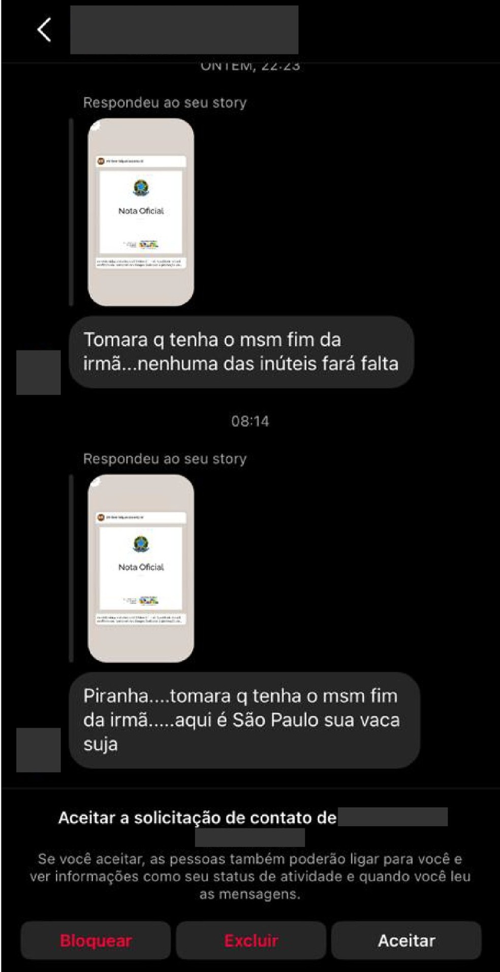 Mensagens ofensivas recebidas por Anielle Franco 