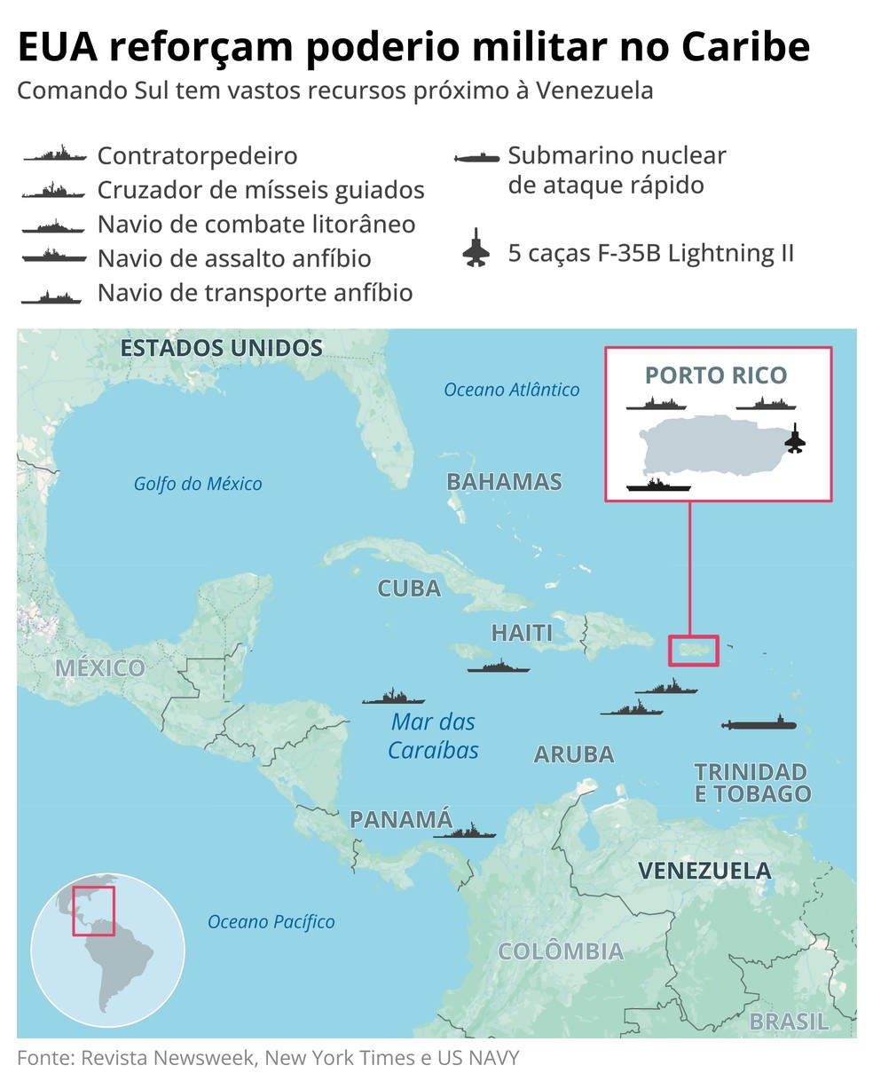 Estados Unidos aumentam presença militar no Caribe — Foto: Editoria de Arte
