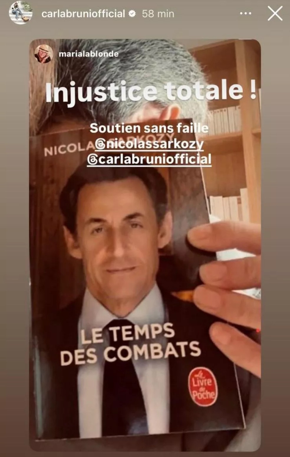 Carla Bruni apoia Nicolas Sarkozy após condenação — Foto: Reprodução Instagram
