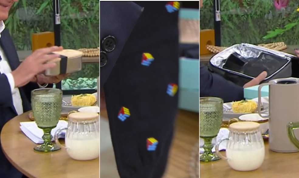 Ao final da sua participação no Mais Você, Alckmin ganhou presentes de Ana Maria Braga: uma marmita de coxinhas, uma cafeteira do programa e um par de meias decoradas com cubos mágicos. — Foto: Reprodução/Globoplay