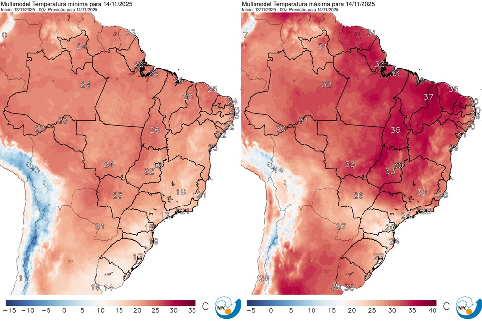 Map showing expected minimum and maximum temperatures across Brazil this Friday — Photo: Reproduction/Inpe