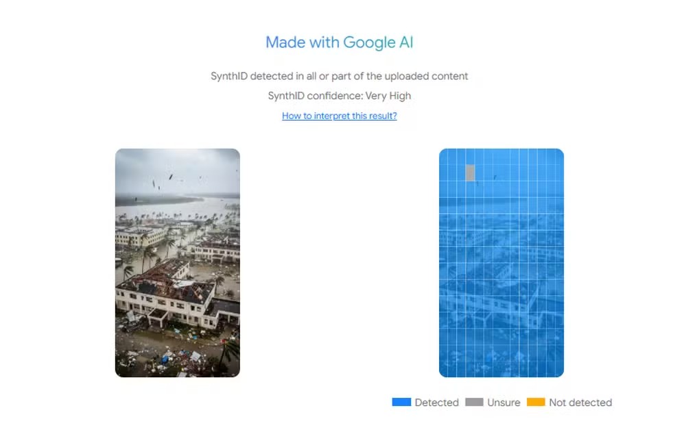 SynthID detectou nos pontos azuis a presença da marca d'água de IAs do Google — Foto: SynthID