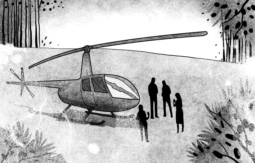 Helicóptero chegou a fazer um pouso de emergência numa área de mata por conta do tempo ruim — Foto: Editoria de arte / O Globo