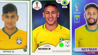 Figurinhas de Neymar Jr. nos álbuns das Copas do Mundo de 2014, 2018 e 2022 — Foto: Reprodução: Panini