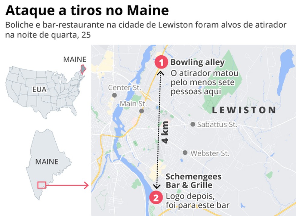 Ataque a tiros no Maine — Foto: Arte/O Globo