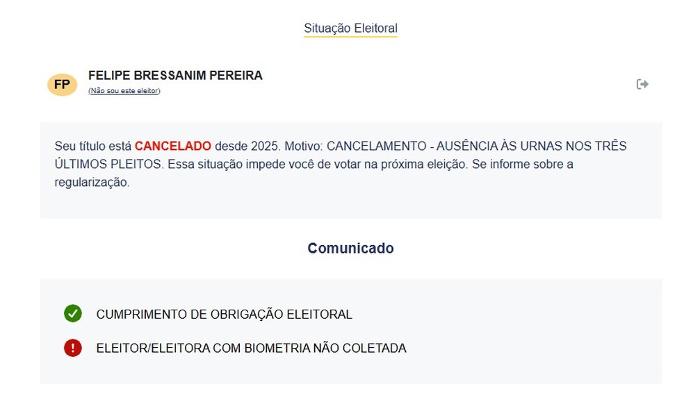 Felca está com o título de eleitor cancelado — Foto: Reprodução/TSE