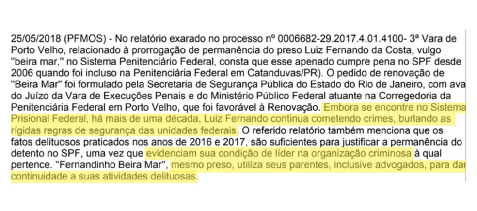 Trecho de histórico prisional de Fernandinho Beira-Mar no sistema penal federal. Documento foi assinado por comissão técnica da Senappen em fevereiro de 2024 — Foto: Reprodução/ Senappen