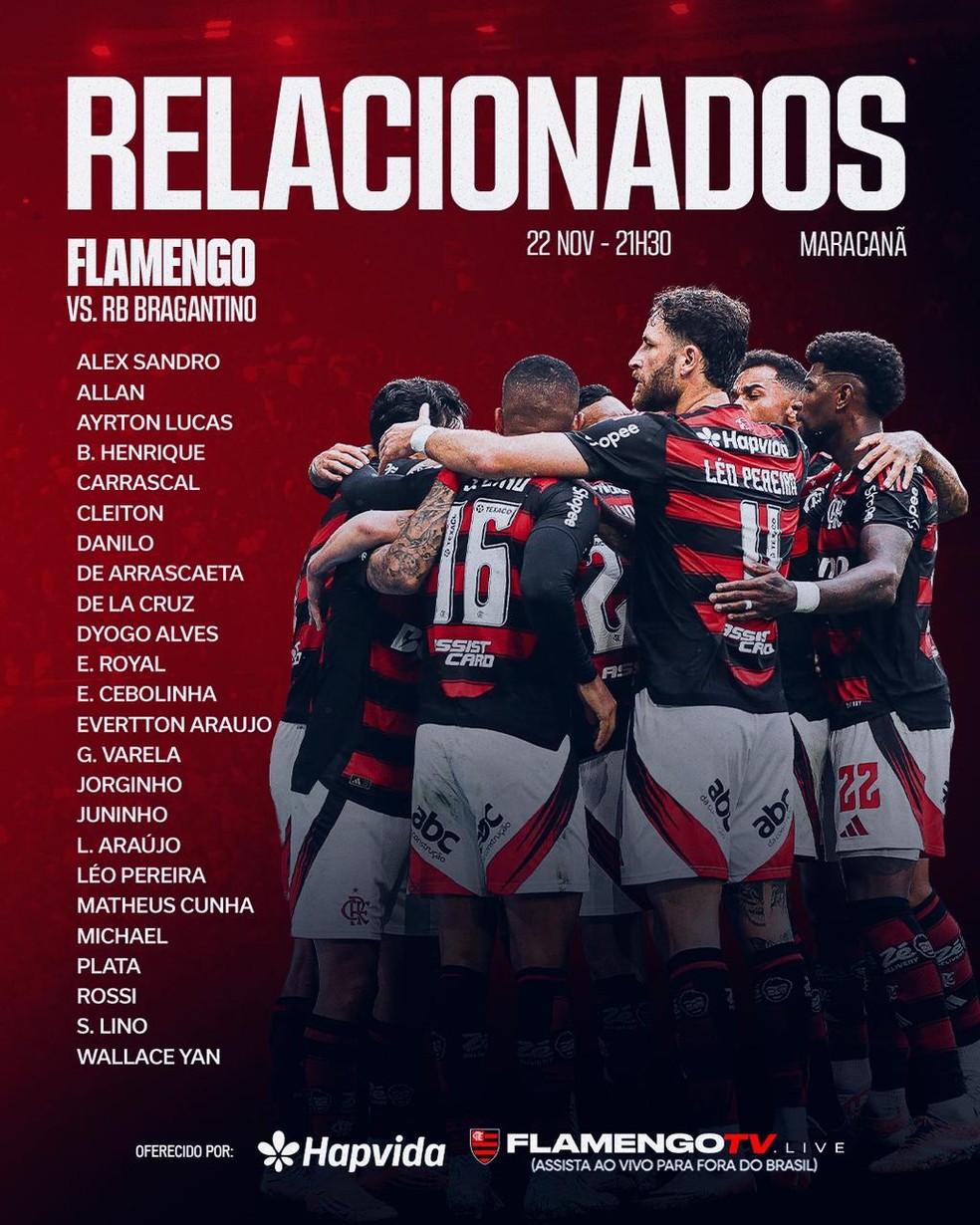 Relacionados pelo Flamengo para enfrentar o Bragantino — Foto: Divulgação
