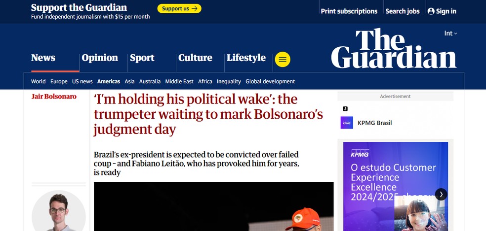 O jornal britânico The Guardian repercutiu o início do julgamento de Bolsonaro — Foto: Reprodução