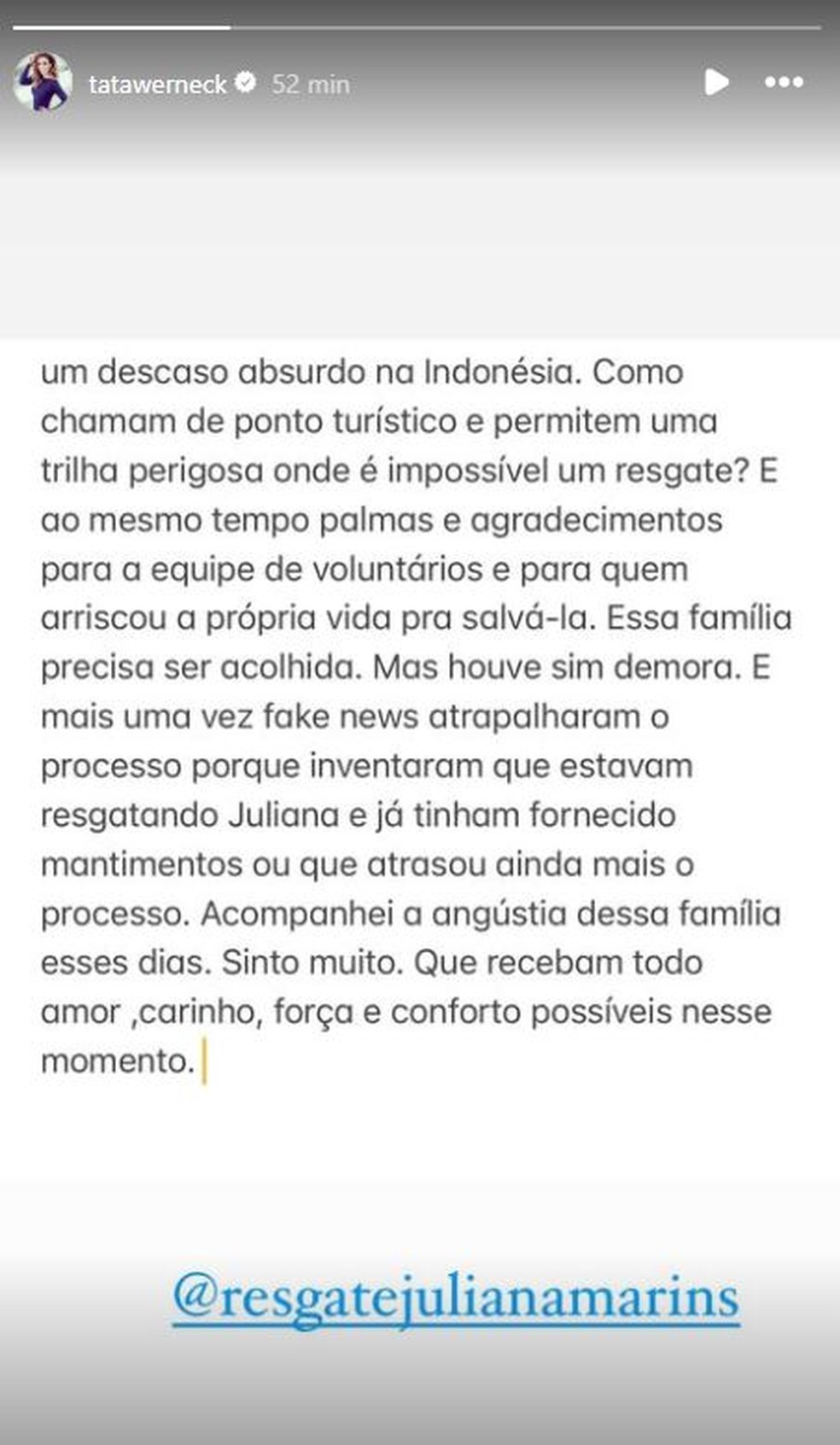 Tata Werneck faz desabafo sobre morte de Juliana Marins — Foto: Reprodução/Instagram