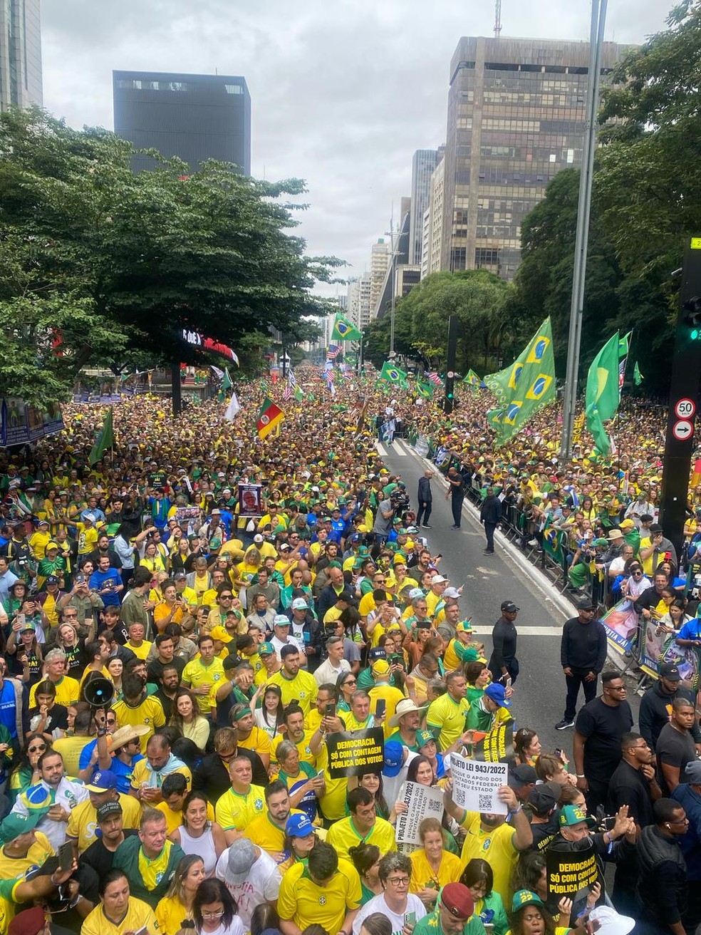 Ato na Avenida Paulista com apoiadores do ex-presidente Jair Bolsonaro pela anistia — Foto: Aline Ribeiro/ Agência O Globo