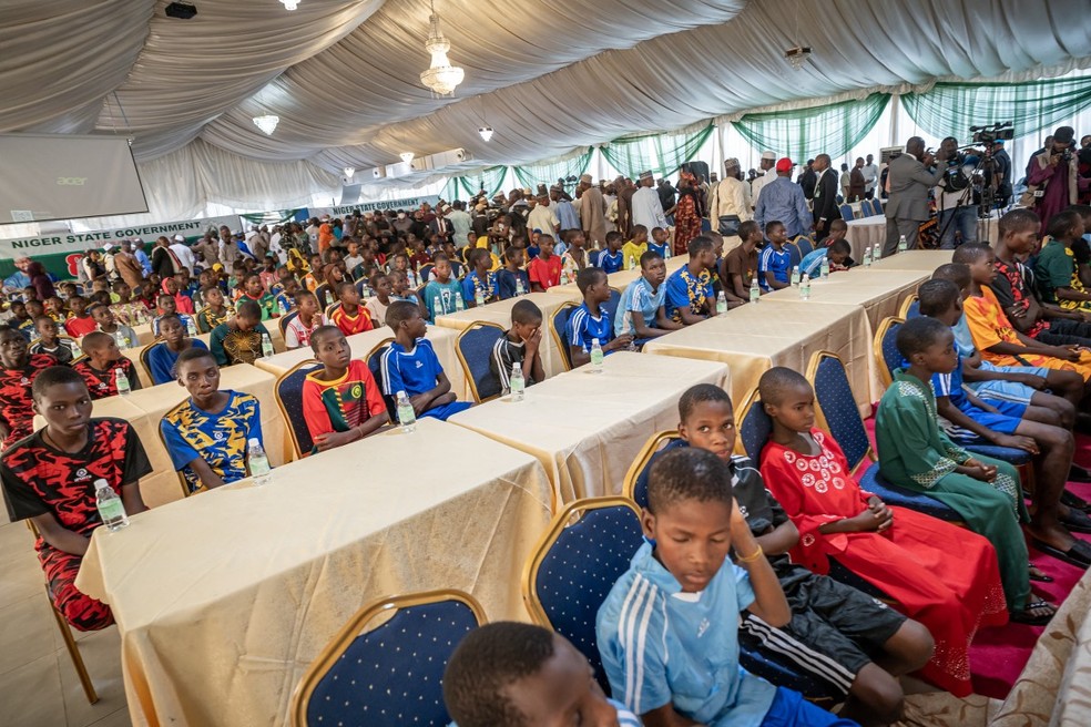 Rescued children are seen during a reception at the governor's office in Minna — Photo: LIGHT ORIYE TAMUNOTONYE / AFP