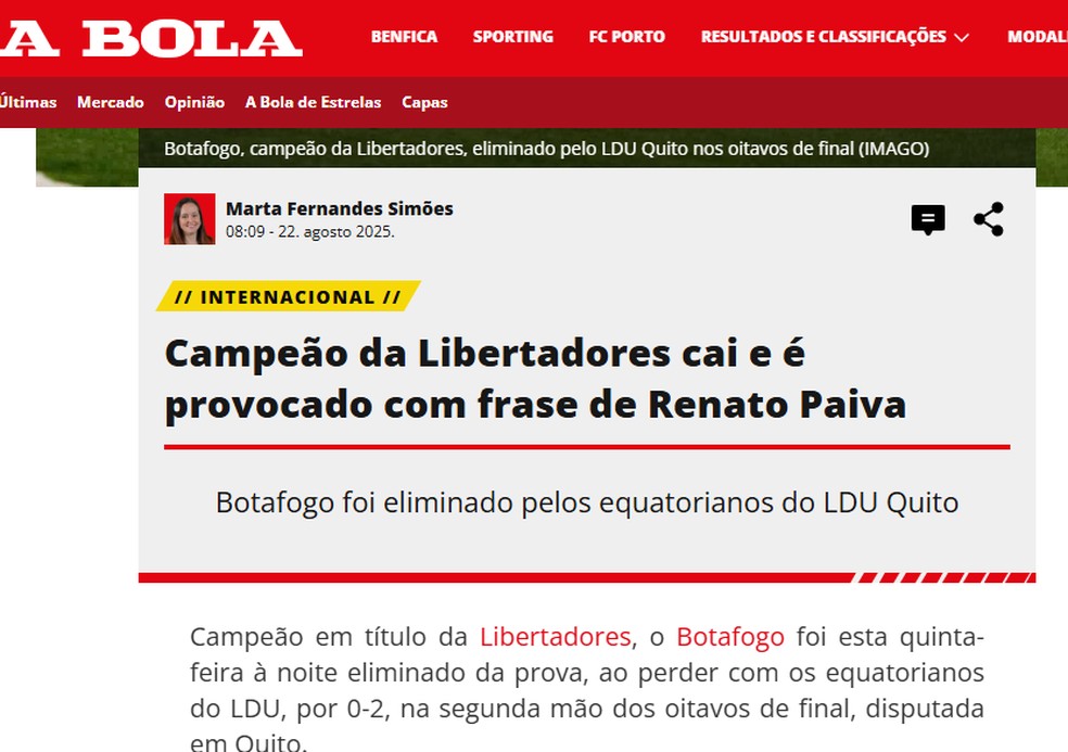 Bola, de Portugal, reflects Eliminação Dobotafogo -foto: reprodução