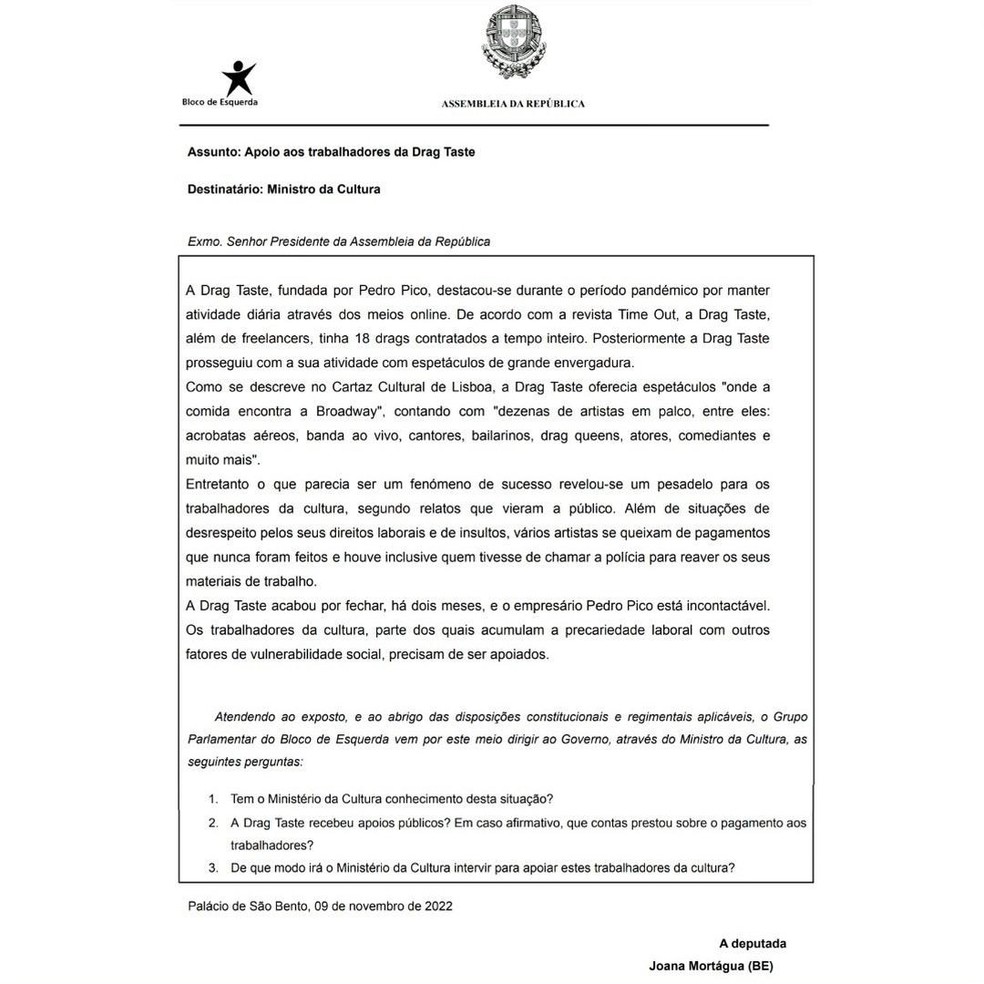 Documento enviado pela deputada Joana Mortágua, do Bloco de Esquerda, ao Ministério da Cultura — Foto: Reprodução