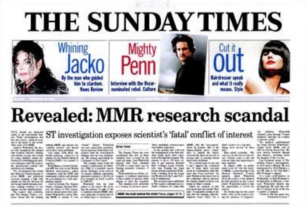 Manchete do jornal The Sunday Times revelando conflito de interesse em estudo de Wakefield — Foto: Reprodução