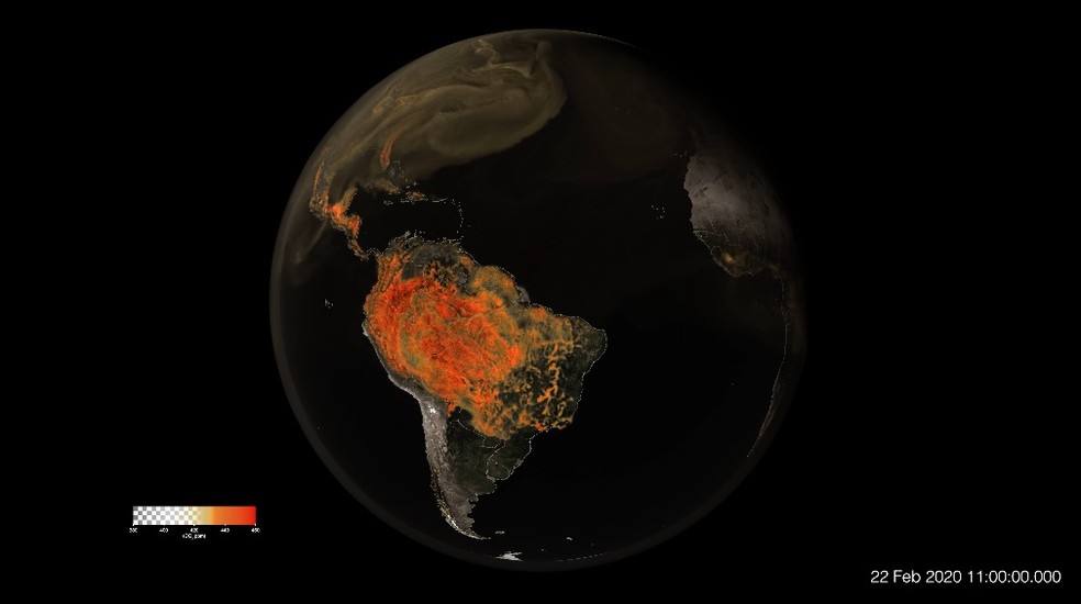 Gases poluentes sobre o Brasil — Foto: /Scientific Visualization Studio (Nasa