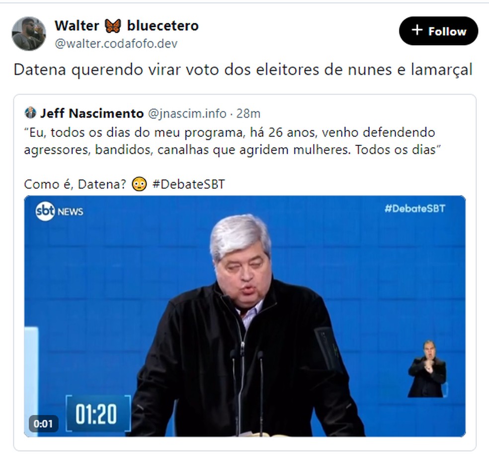 Usuário do Bluesky reage ao posicionamento de Datena contra violência contra a mulher — Foto: Reprodução