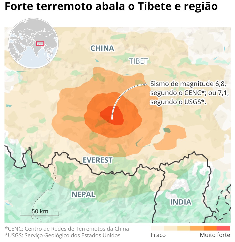Mapa mostra local do epicentro do terremoto que atingiu o Tibete e região e deixou mais de 100 mortos — Foto: Editoria de Arte