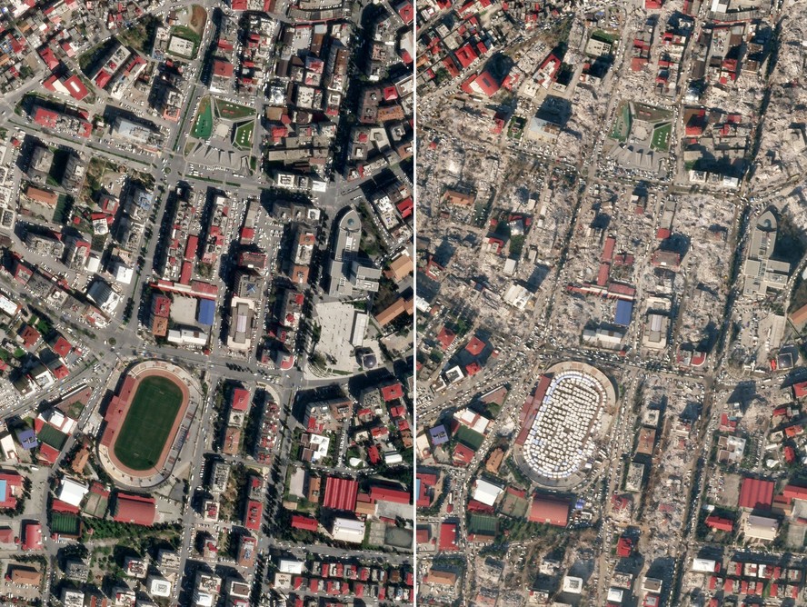 Imagem mostra parte da cidade de Kahramanmaras, na Turquia, destruída após terremoto, com estádio sendo usado como abrigo