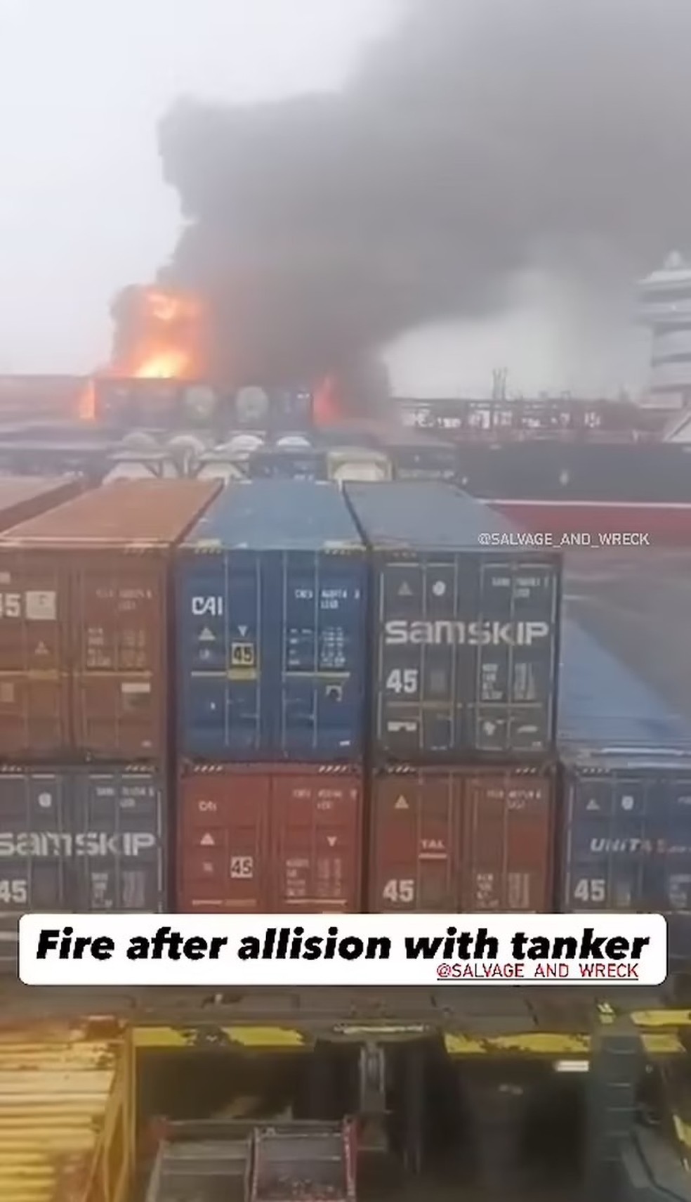 Tripulante grava incêndio em navio após colisão no Mar do Norte — Foto: Reprodução/Redes Sociais