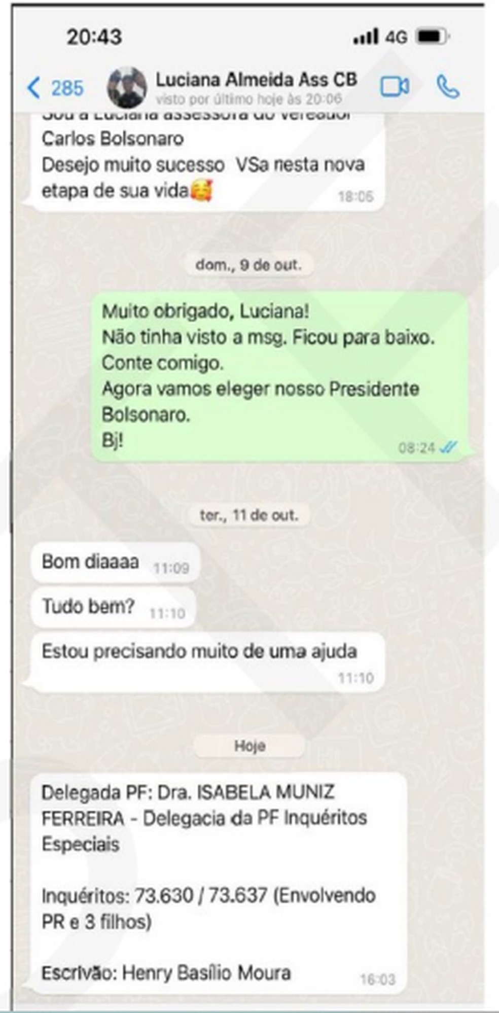Print da mensagem enviada pela assessora de Carlos Bolsonaro — Foto: Reprodução/ PF