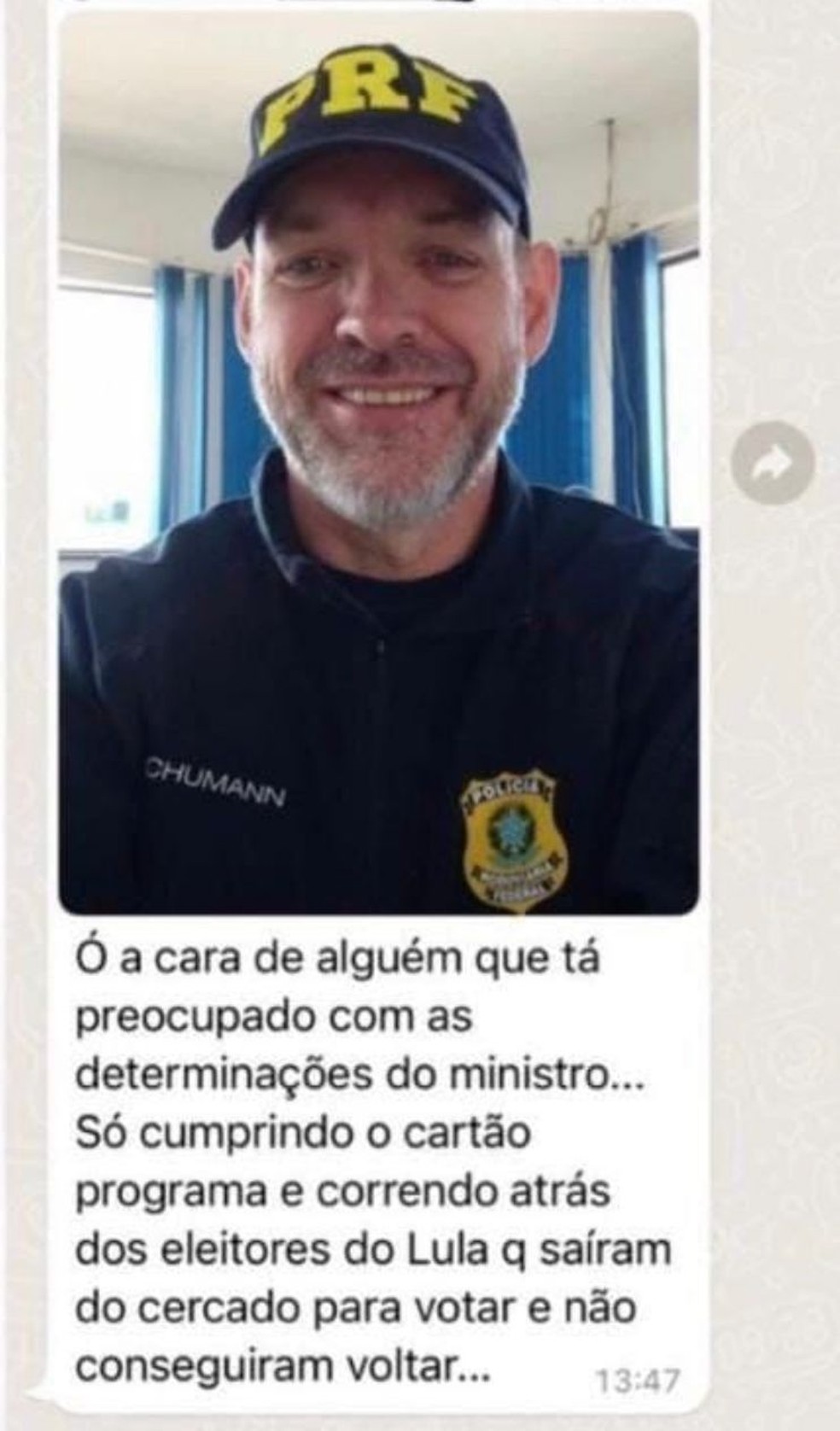 Policial rodoviário debocha de operações e fala em 'correr atrás de eleitores de Lula' — Foto: Reprodução