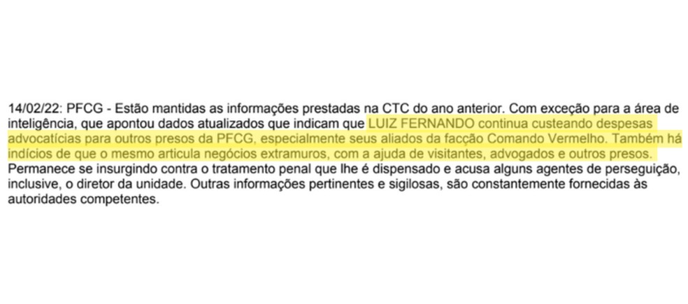 Trecho de histórico prisional de Fernandinho Beira-Mar no sistema penal federal. Documento foi assinado por comissão técnica da Senappen em fevereiro de 2024 — Foto: Reprodução/ Senappen