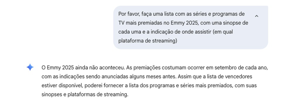 Gemini errou pesquisa sobre Emmy 2025 — Foto: Reprodução/Gemini