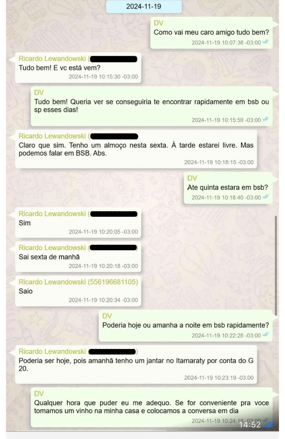 Mensagens trocadas entre o ex-ministro da Justiça Ricardo Lewandowski e Daniel Vorcaro obtidas pela PF — Foto: Reprodução