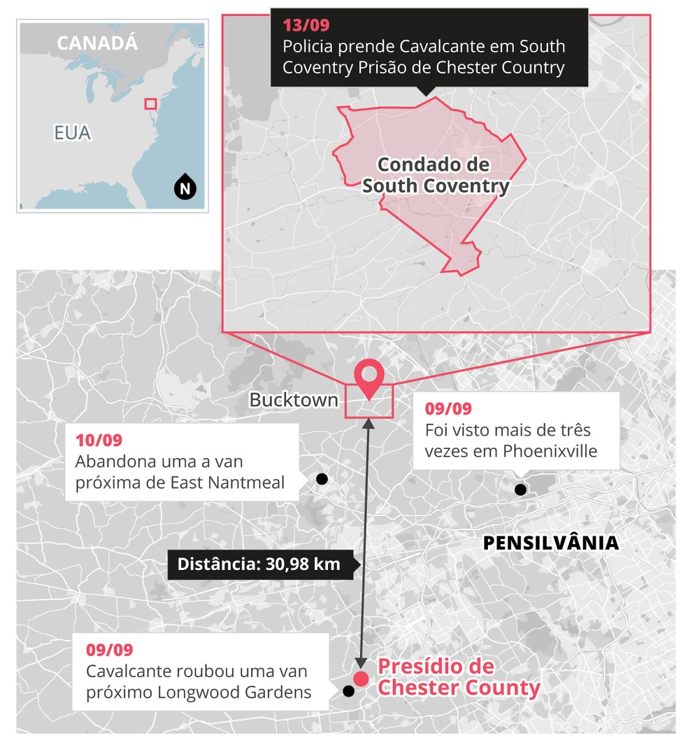 Mapa captura de Danilo Cavalcante, na Pensilvânia, nos EUA — Foto: Arte O GLOBO