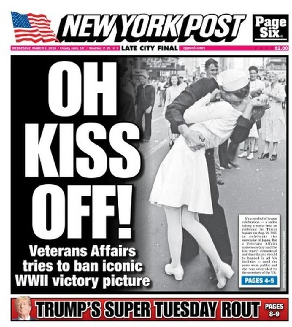 Polêmica sobre o beijo da Times Square foi capa do jorna "New York Post" — Foto: Reprodução/NY Post
