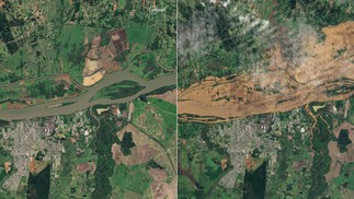 Vista aérea de Charqueadas, ao longo do rio Jacuí, em 26 de agosto de 2023 e, à direita, após fortes chuvas — Foto: AFP PHOTO / PLANET LABS PBC