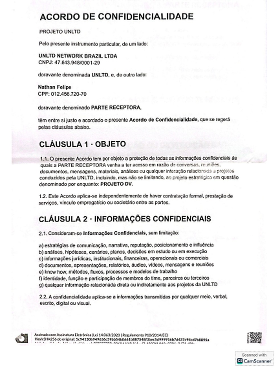 Acordo de confidencialidade assinado pelo influenciador Nathan Felipe — Foto: Reprodução