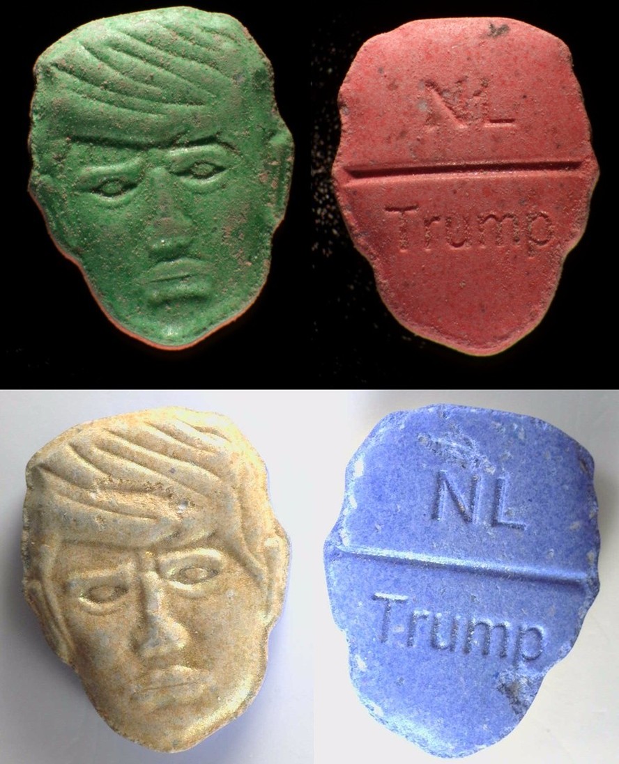 As p&iacute;lulas de PMMA com o rosto do presidente dos EUA, Donald Trump