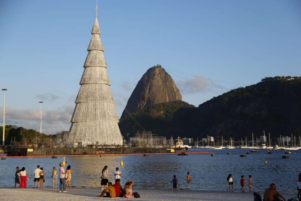 A estrutura gigante de 80 metros da nova árvore de Natal na Enseada de Botafogo — Foto: Guito Moreto / Agência O Globo
