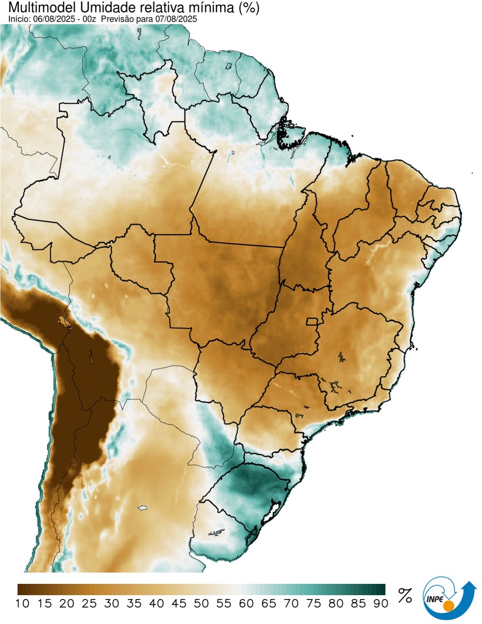 Mapa de umidade mostra regiões mais propensas a sofrerem com incêndios florestais, comuns nesta época do ano — Foto: Reprodução