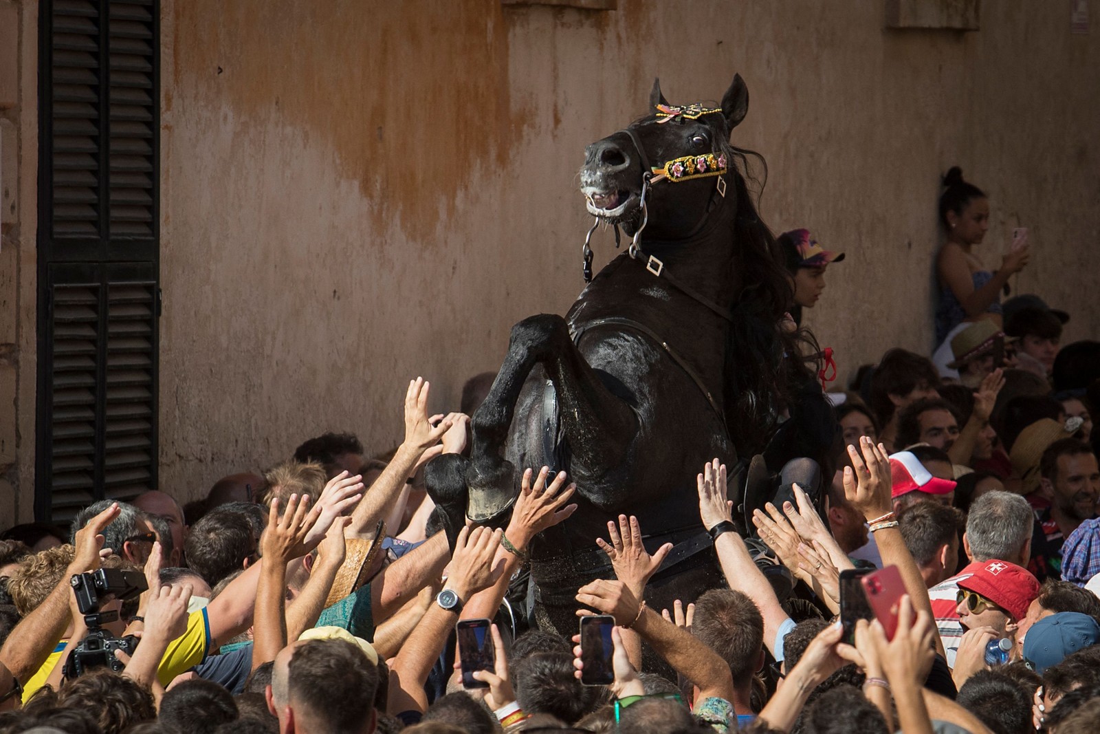 Cavalo empina no meio da multidão durante tradicional festival de São João, na cidade de Ciutadella, nas Ilhas Baleares de Minorca, Espanha — Foto: JAIME REINA / AFP