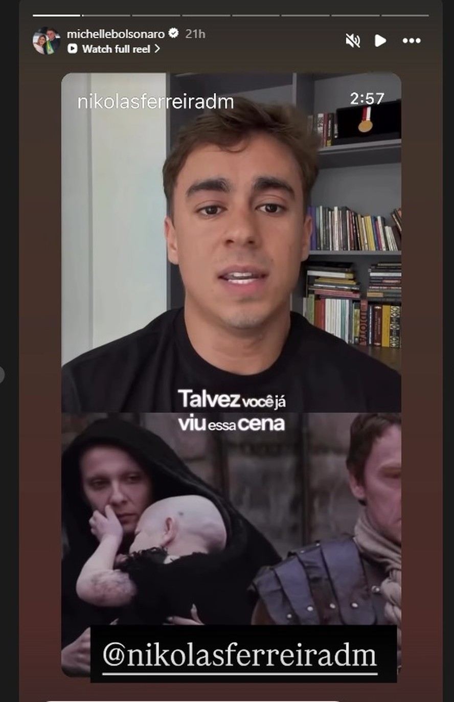 MIchelle Bolsonaro compartilha video de Nikolas Ferreira ap&oacute;s briga com Eduardo Bolsonaro