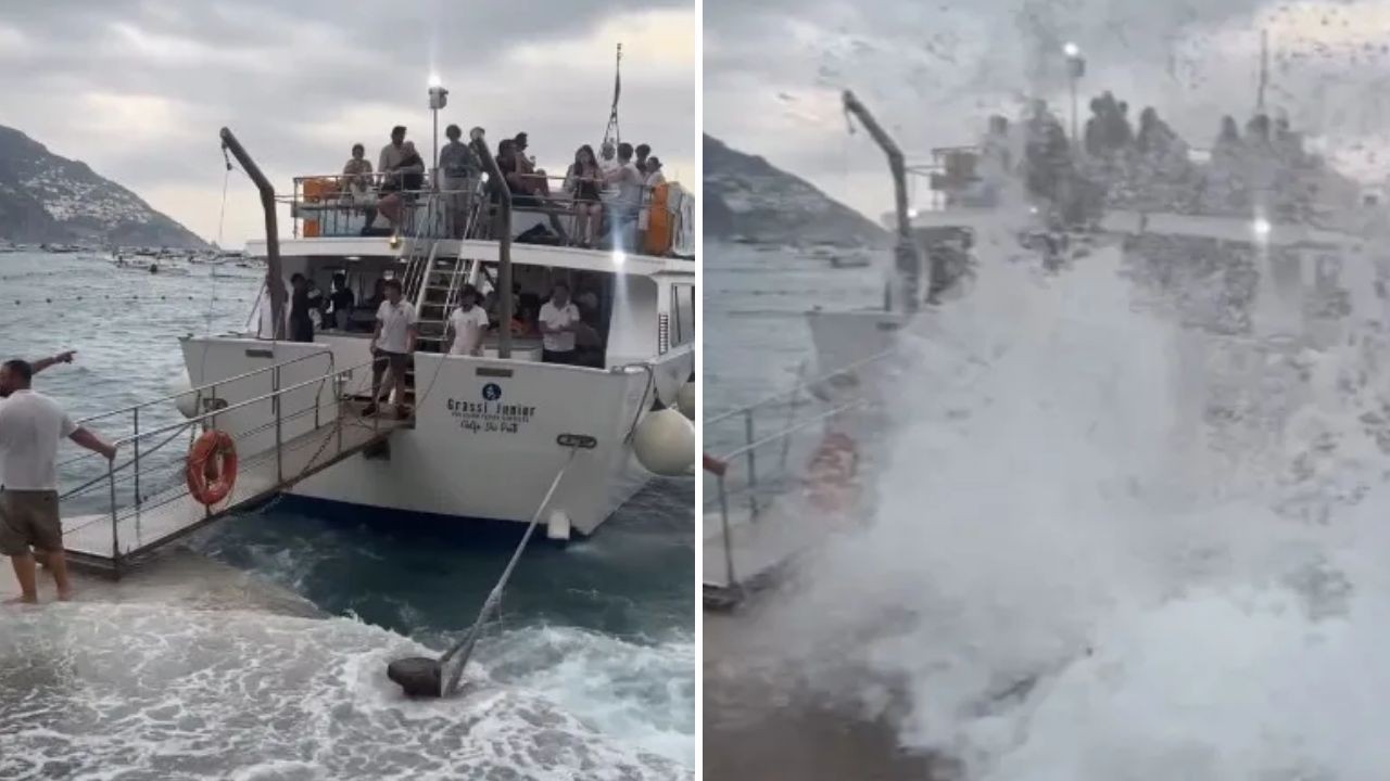 Balsa é arremessada contra píer por ondas gigantes em Positano e assusta turistas na Itália; vídeo