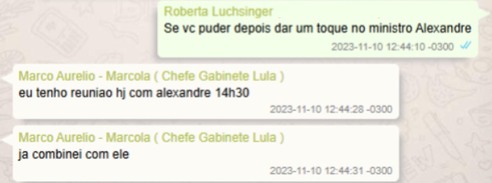 A lobista Roberta Luchsinger e o então chefe de gabinete do presidente Lula, Marco Aurélio Santana Ribeiro, o Marcola, conversam sobre abordagem ao ministro de Minas e Energia, Alexandre Silveira, sobre negociações entre a Unigel e a Petrobras — Foto: Reprodução